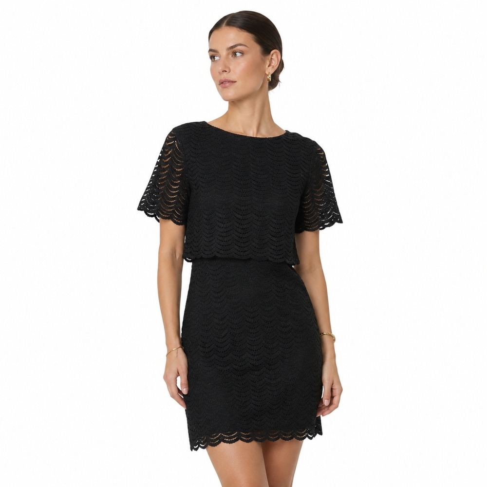 LAUREN RALPH LAUREN Black Scalloped Lace Tiered Dress Old Money Size 6 NWT